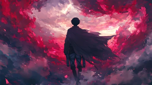 Lone cloaked figure facing storm of crimson and light.