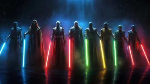 Line of robed warriors holds multicolor energy blades in cinematic fog