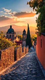Narrow cobblestone street leads toward domed church structures