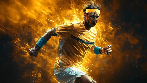 Male tennis player running with fiery abstract backdrop.