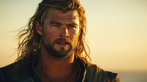 Sunlit warrior portrait with long hair and armor details.