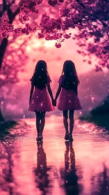 Twin girls in pink dresses under luminous cherry blossoms at dusk