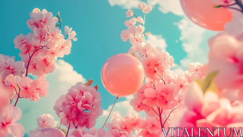 Pink Blooms and Glass Sphere Against Turquoise Sky.