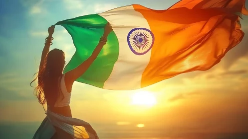 Silhouette holding Indian flag against low sun at horizon.