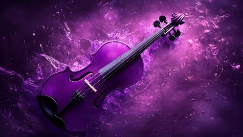 Violet violin adrift in swirling neon waves of liquid sound.