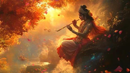 Flute-borne dusk radiance with serene divine dreamer.