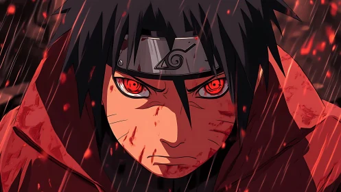 Intense red eyed ninja under rain in dramatic anime closeup.