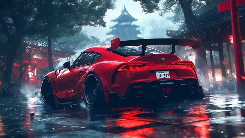 Red sports car in rainy Japanese temple street at night.