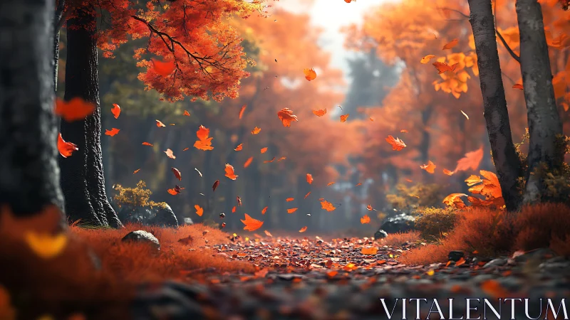 Autumn forest path with swirling orange leaves in wind.