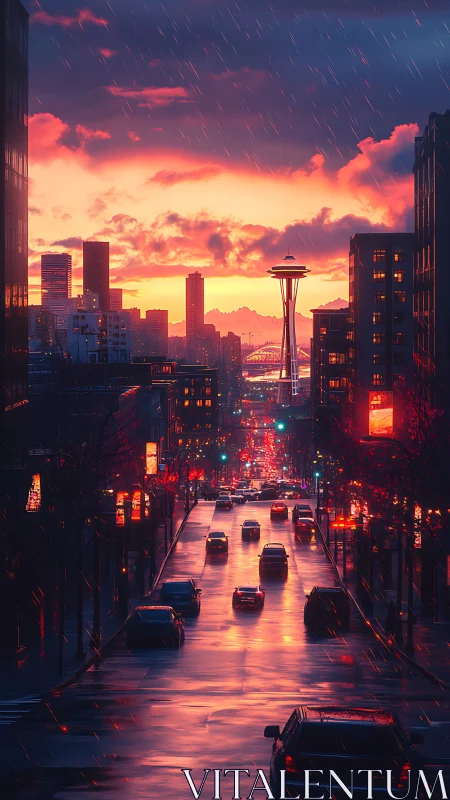 Rain-soaked Seattle street glows beneath a blazing sunset.