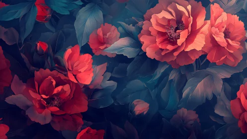 Luminous Coral Peonies: Digital Botanical Rendering with Dramatic Atmospheric Depth.