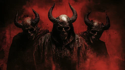 Horned shadows stride forward through a furnace-red abyss