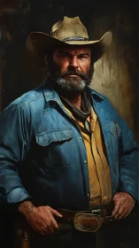 Oil portrait of rugged cowboy in denim shirt, waist-up framing.