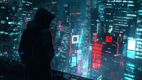 Hooded figure surveys neon-drenched cyberpunk megacity at night