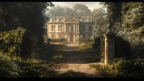 Sunlit manor estate stands beyond an overgrown garden path