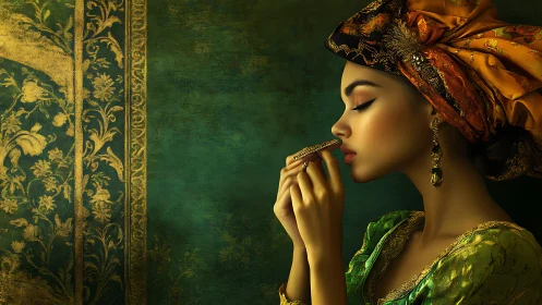 Woman in ornate headscarf holds jewelry against green backdrop