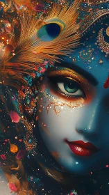 Iridescent deity portrait with peacock plume and gilded optics.