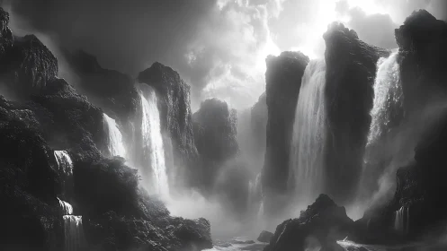 Monochrome cliffs channel storm-lit cascading waterfalls.