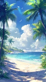 Tropical Beach Cove with Palm Trees and Coastal Ocean View