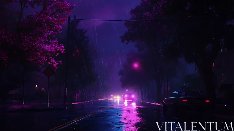 Neon-lit rainy boulevard under violet cinematic glow at night.