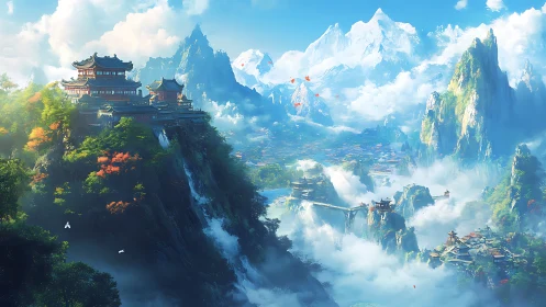 Misty mountain temples welcome travelers into a hidden realm