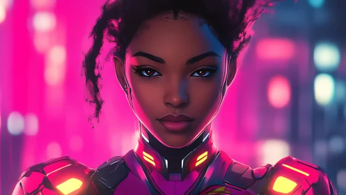 Neon-eyed cyber guardian poised in luminous city glow.