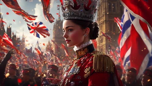 Young royal officer in jeweled coronation regalia amid parade