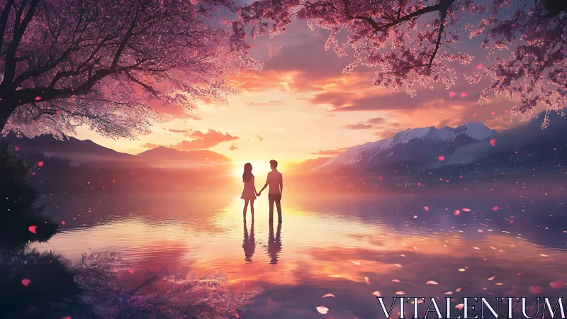 Sunset romance beneath drifting cherry blossoms on water.