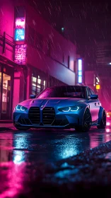 Neon rainstorm crowns a blue performance sedan in night glow.