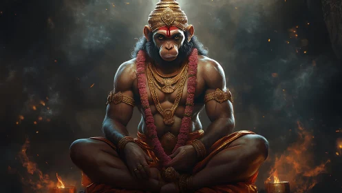 Simian-headed seated figure in ornate attire holds meditative pose