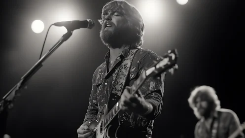 Monochrome rock guitarist in mid-song under stage backlights
