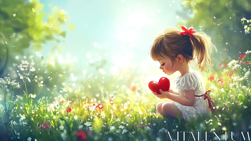 Young Girl's Heart-Centered Moment in a Sunlit Wildflower Meadow