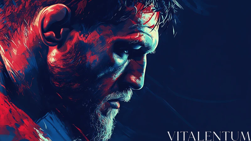 Digital portrait of bruised fighter in blue red contrast.