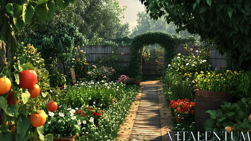 Sunlit garden path welcomes you past flowers and ripe tomatoes