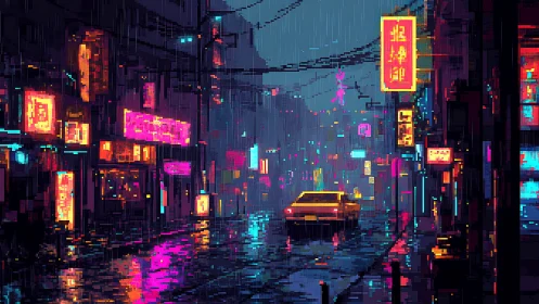 Neon rainstorm drapes a pixelated cybercity boulevard dream.