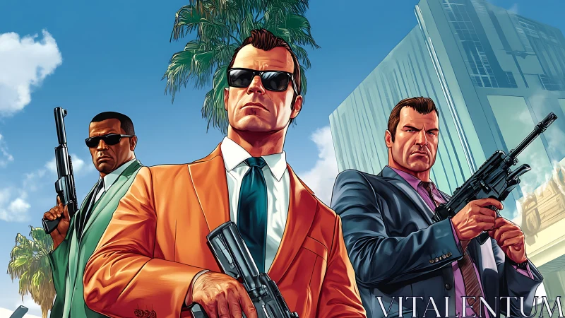 Concept art triad of armed suited antiheroes in urban sunscape.