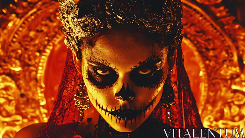 Woman with skull makeup stares forward amid ornate gold backdrop