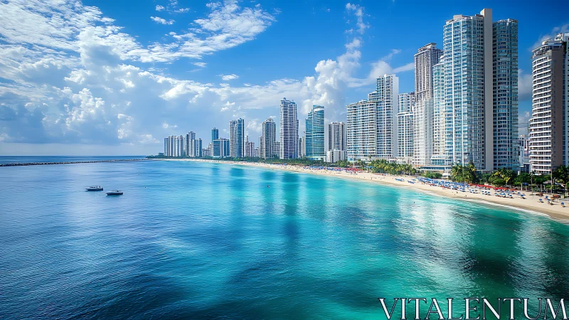 High-rise beachfront skyline meets calm turquoise ocean waters.
