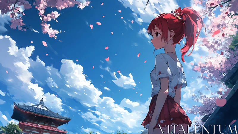 Red haired anime girl stands under cherry blossoms in sunlit sky