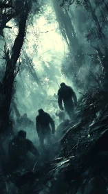 Silhouetted forest creatures traverse mist-heavy ravine.