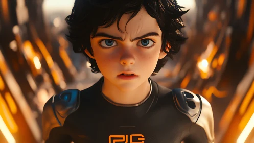 Animated teenager in futuristic suit within glowing corridor.
