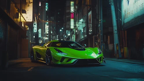 Neon green supercar glowing softly in a quiet city night.