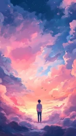Silhouetted figure stands amid luminous pink and blue clouds
