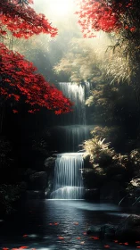 Secret waterfall glen wrapped in crimson autumn light.