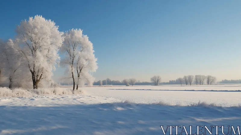 Snow covered field with frost coated trees under clear sky
