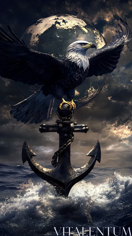 Eagle over nautical anchor with planetary backdrop composition.