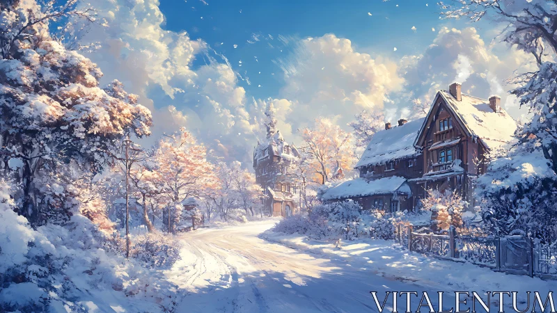 Snow-dusted village curve under sugarburst winter sky.