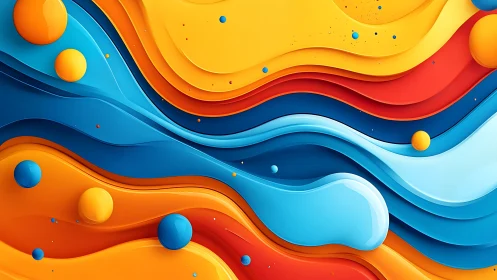 Layered abstract waves in bold blue, orange, yellow forms.