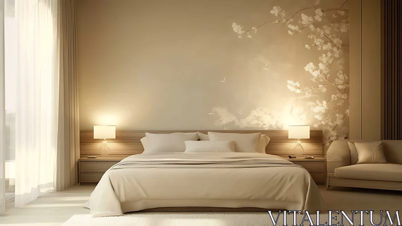 Minimalist beige bedroom with king bed and soft lighting.