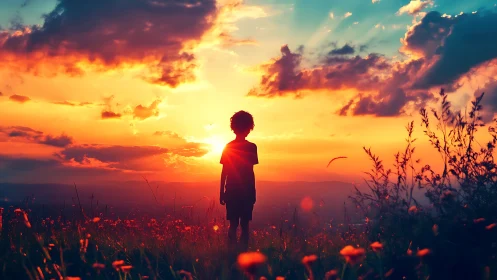 Silhouette of child in wildflower field at vivid sunset.